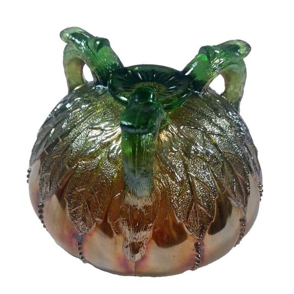 Vintage Northwood Aqua Opal Carnival Glass Leaf & Beads Footed Rose Bowl - Picture 15 of 16